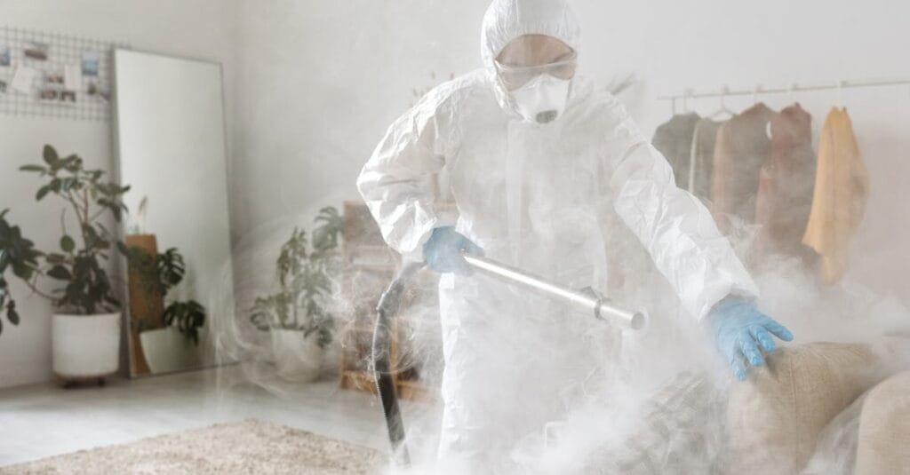 A person in protective suit disinfecting a room to eliminate viruses and bacteria.